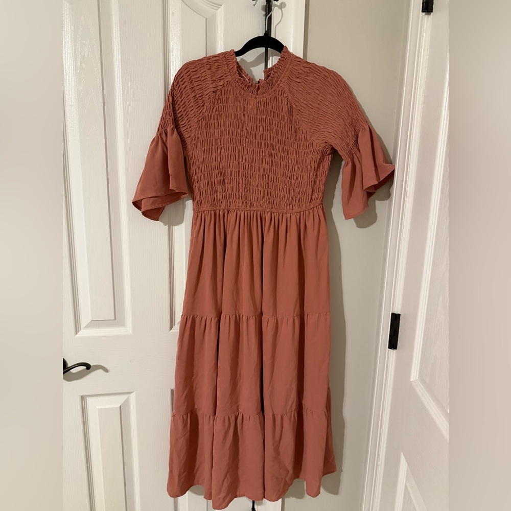 Pinkblush Salmon Smocked Pleated Tier Maternity Midi Dress